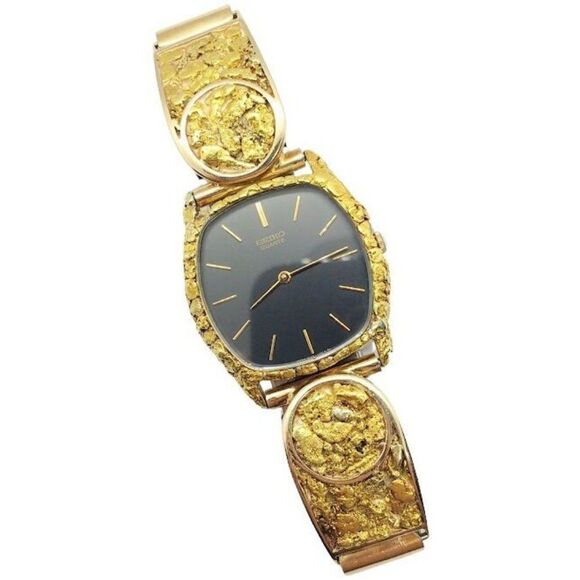 Vintage 1980 Men's Seiko Quartz Gold Nugget Embelished Men's Watch 1980's Retro - Picture 1 of 9